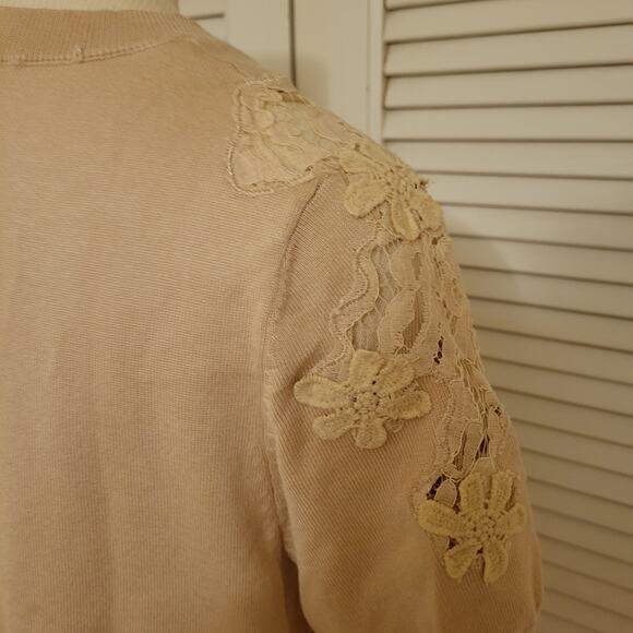 Indigo Rose Floral Lace Trim Pullover Short Sleeve Sweater Beige Womens Size L - Picture 4 of 9